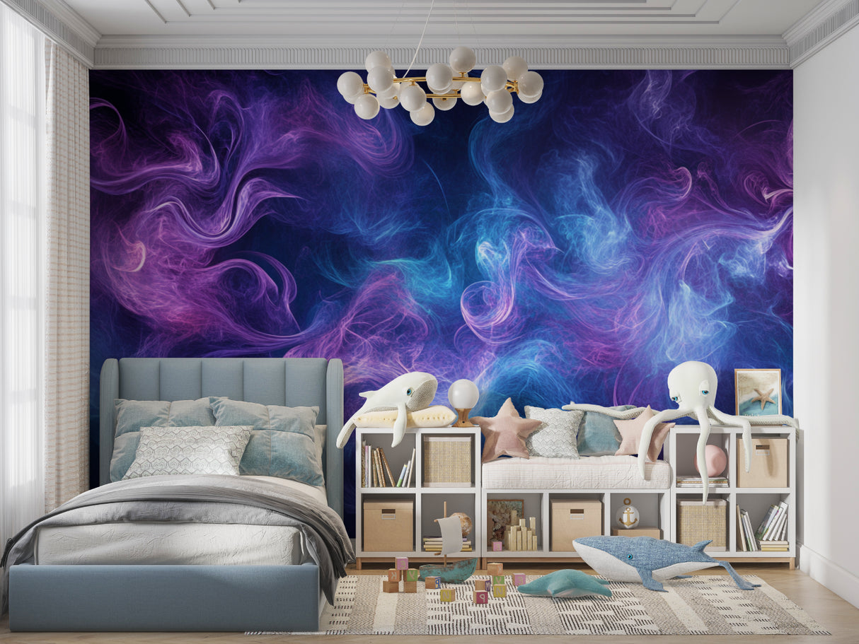 Purple and blue abstract mural adding depth to a contemporary bedroom setup