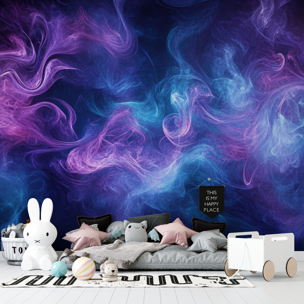 Modern abstract wallpaper bringing artistic flair to a home office space