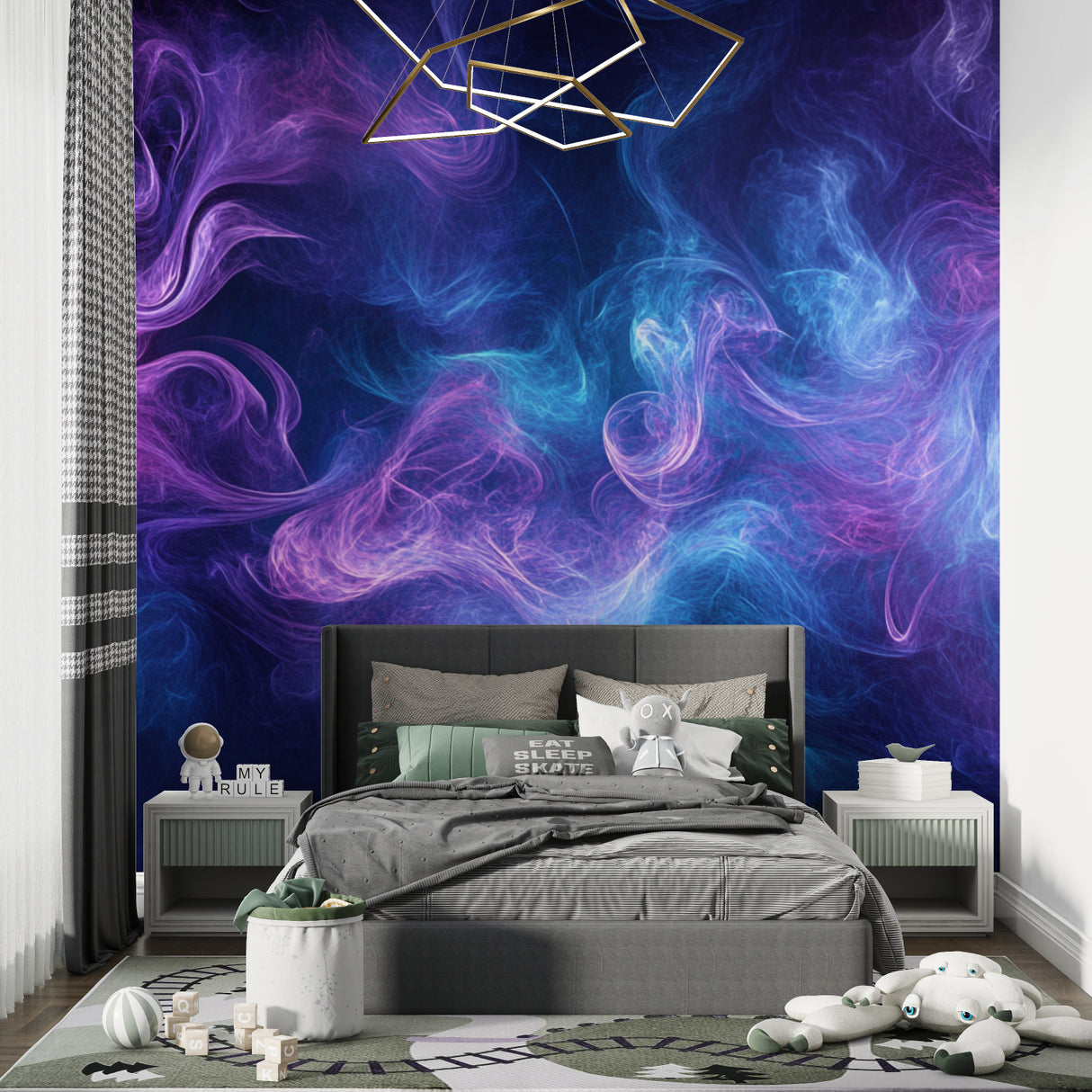 Smoke pattern wallpaper creating atmosphere in an upscale dining room