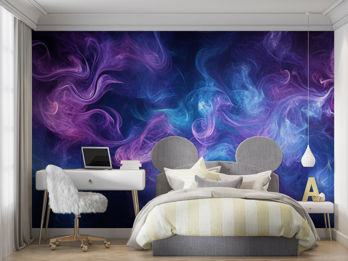 Abstract blue and purple mural making a statement in a hotel lobby