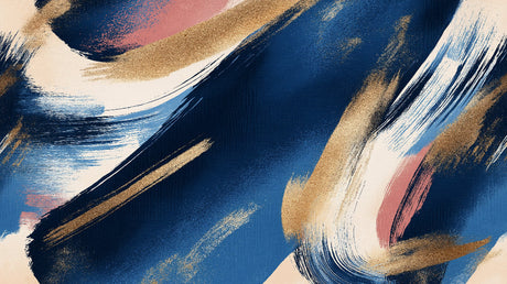 Navy blue and gold abstract brushstroke wallpaper creating a stunning accent wall in a modern living room
