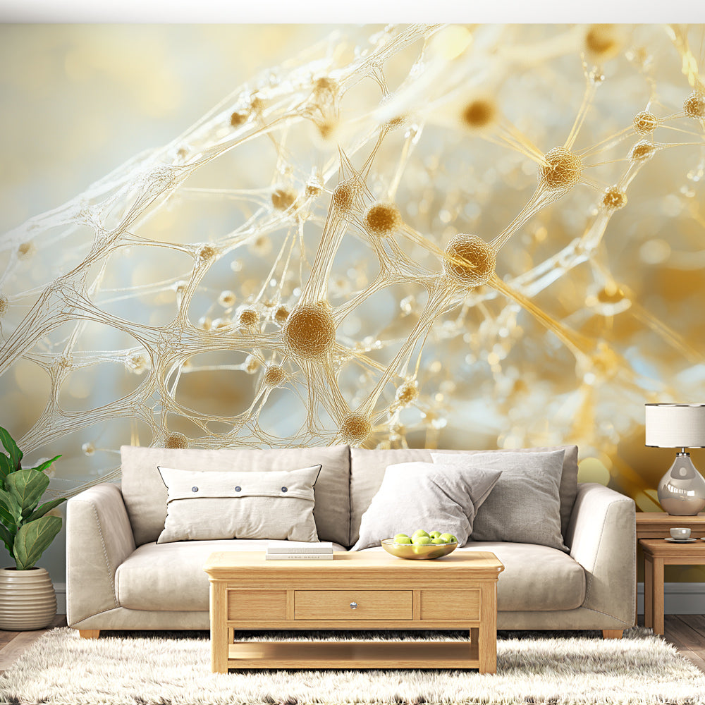 Modern living room showcasing Abstract Neural Network Gold Wallpaper, creating a warm and sophisticated atmosphere