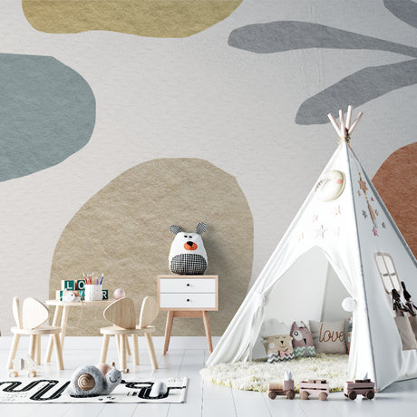 Modern abstract wallpaper with curved shapes in a bright nursery, creating a calm and nurturing space