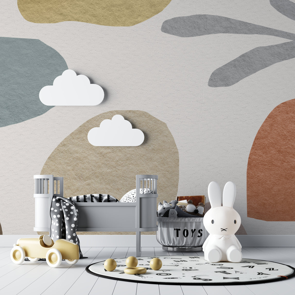 Neutral curved shapes wallpaper featured in a cozy living room setting