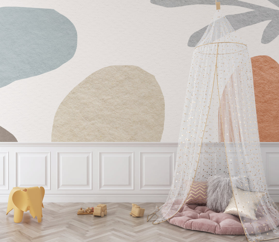 Abstract wall mural with organic curves bringing flow to a home office