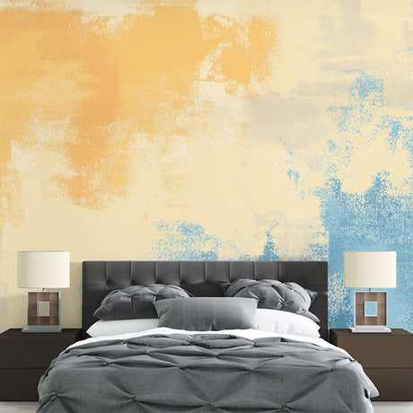 Abstract gradient wallpaper in modern living room showing orange and blue color flow creating a peaceful atmosphere