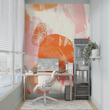 Abstract orange and pink brushstroke wallpaper in a bright modern living room setting