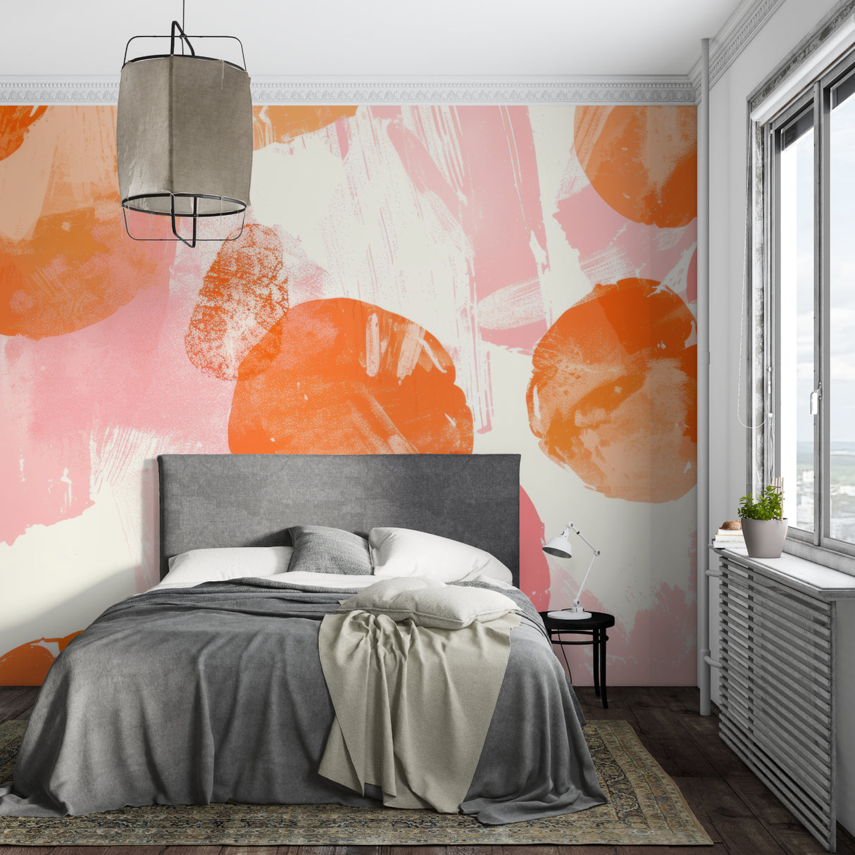 Modern abstract wall mural featuring orange and pink shapes in a minimalist bedroom