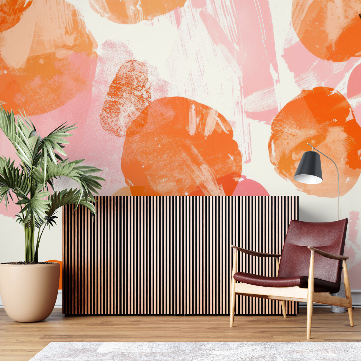 Contemporary office space with orange and pink abstract wallpaper creating an energetic atmosphere