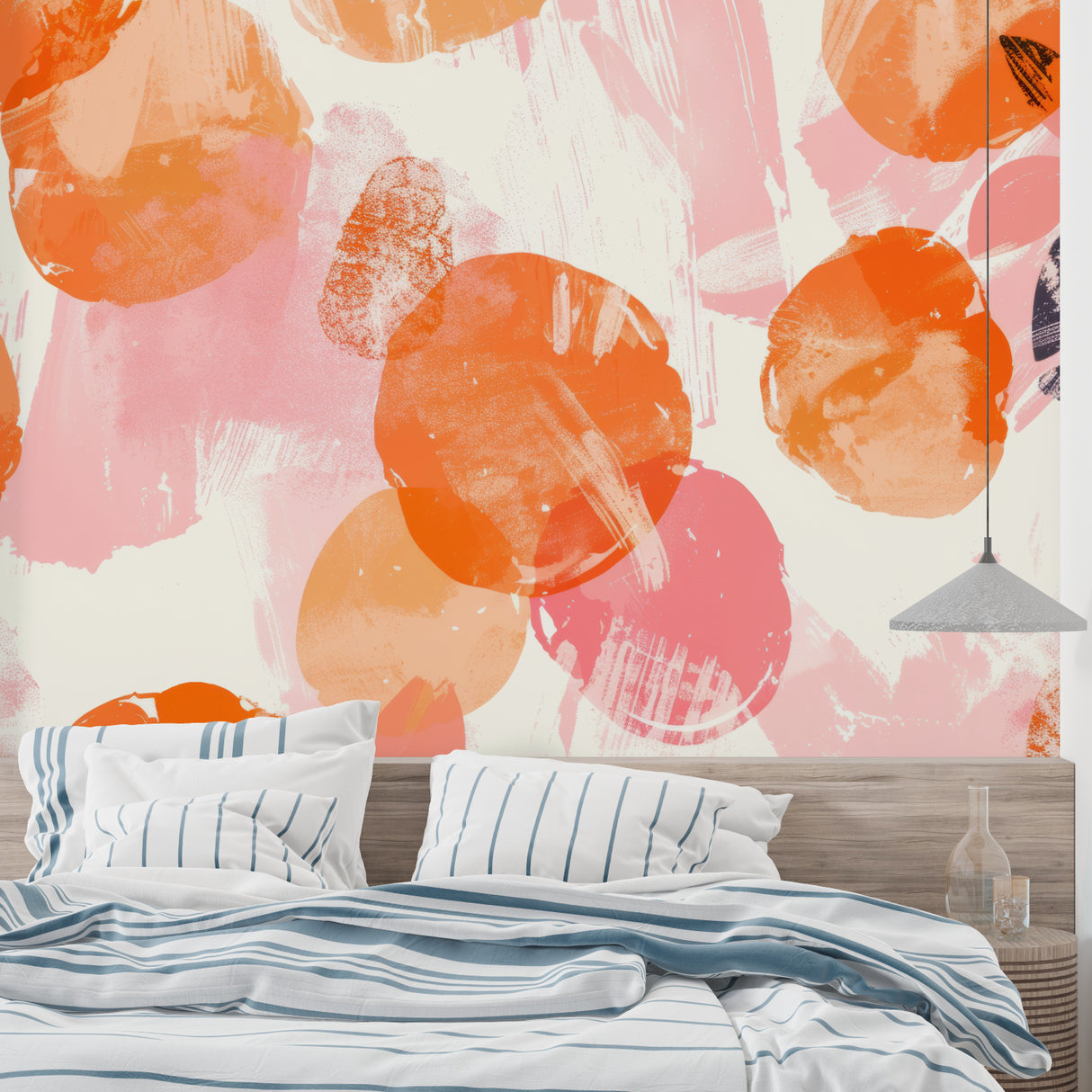 Home studio featuring bold abstract wallpaper with orange and pink brushstrokes