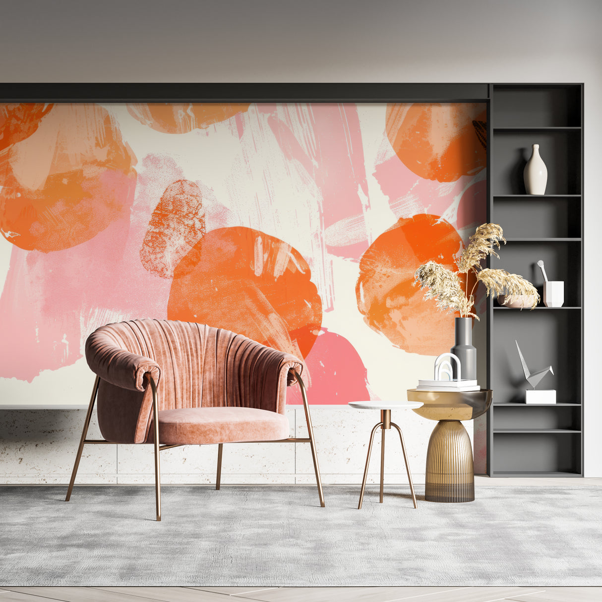 Dining room showcasing modern abstract wall mural in orange and pink tones