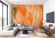 Orange wave abstract wallpaper in modern living room showing flowing pattern and warm tones