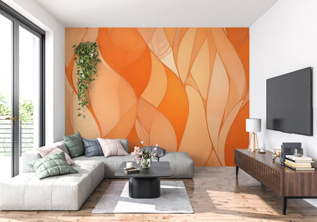 Orange wave abstract wallpaper in modern living room showing flowing pattern and warm tones