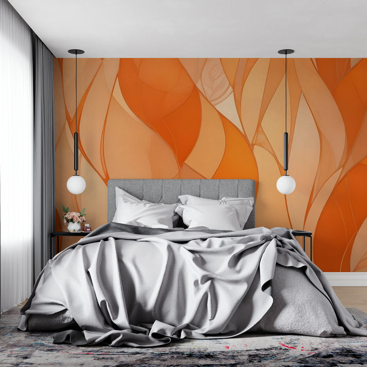 Abstract orange wave mural in dining room creating dynamic movement