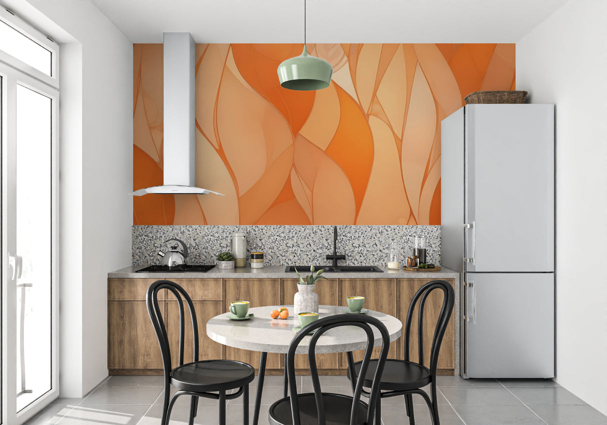Flowing orange abstract wallpaper in bedroom showing soft curves and warm colors