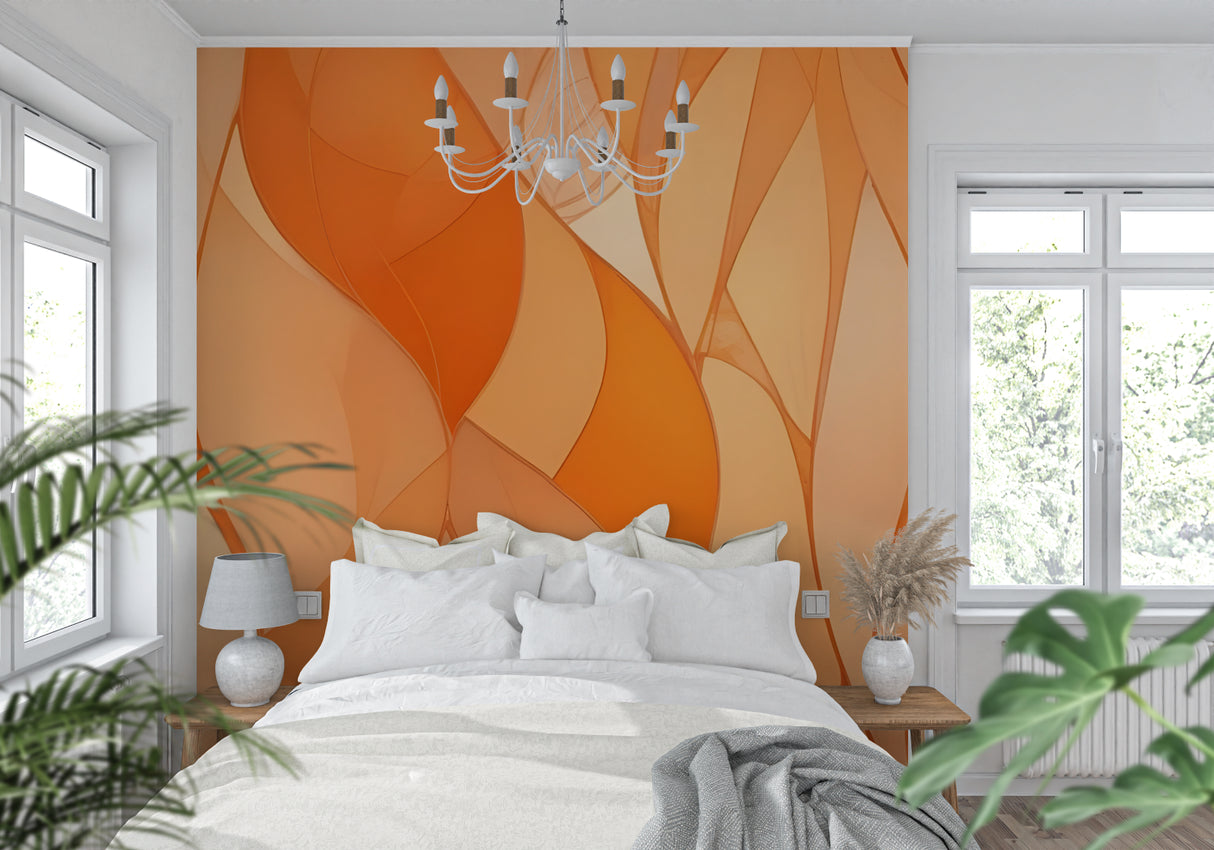 Orange wave pattern wallpaper in office space highlighting modern design