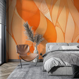 Abstract orange mural in hallway showing fluid movement and depth
