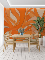 Orange fluid pattern wallpaper in bedroom showing warm, dynamic design