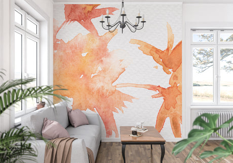Abstract orange watercolor wallpaper creating a warm atmosphere in a modern living room