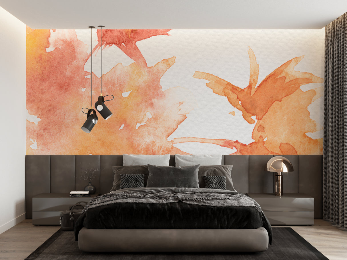 Orange splash wallpaper bringing energy to a minimalist dining room space