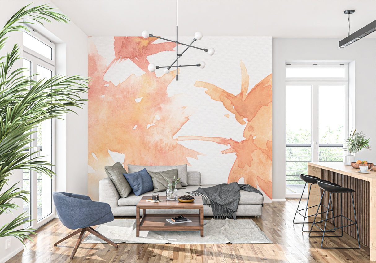 Orange abstract wall mural brightening up a modern bedroom interior