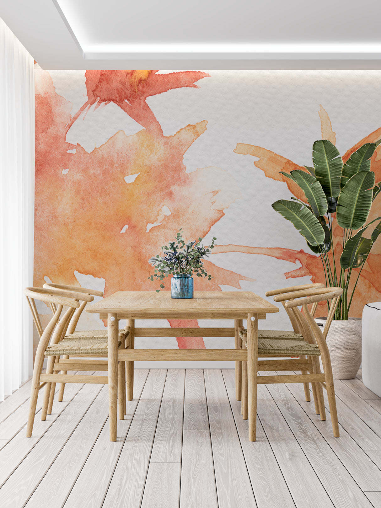 Abstract orange splash design creating depth in a stylish entrance hall