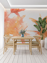 Abstract orange splash design creating depth in a stylish entrance hall