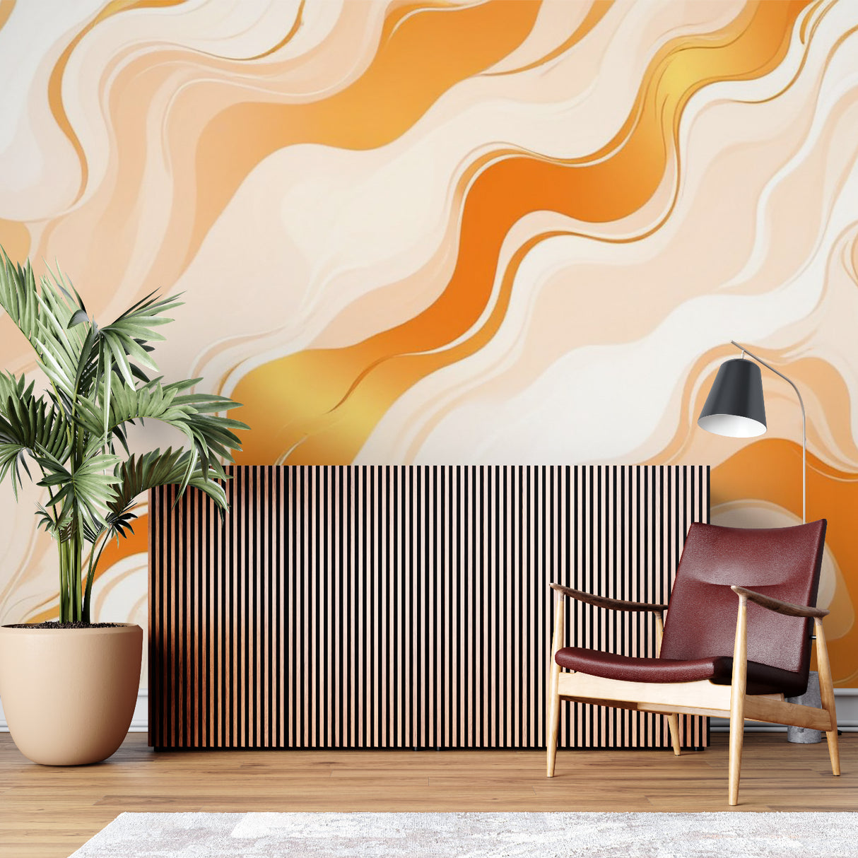 Abstract orange mural wallpaper in bedroom creating peaceful ambiance