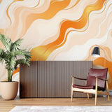 Abstract orange mural wallpaper in bedroom creating peaceful ambiance