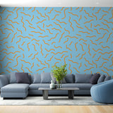 Modern abstract wave wallpaper in bright living room, orange curved pattern on blue background creating depth and movement