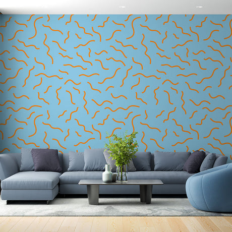 Modern abstract wave wallpaper in bright living room, orange curved pattern on blue background creating depth and movement