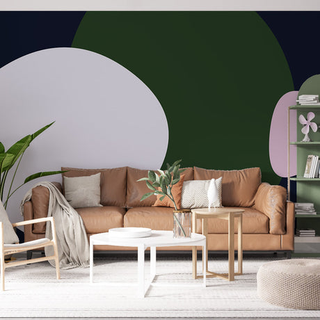 Modern abstract circle wallpaper creating a bold statement in a minimalist living room with green and purple organic shapes