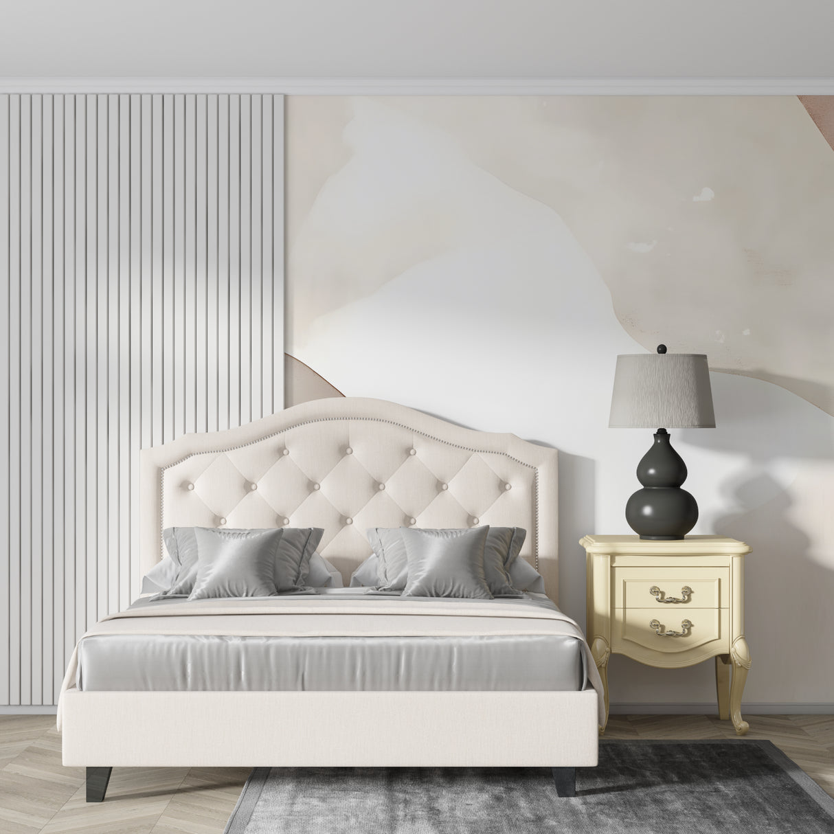 Abstract curved line wallpaper in modern living room, bringing flow and movement to the space