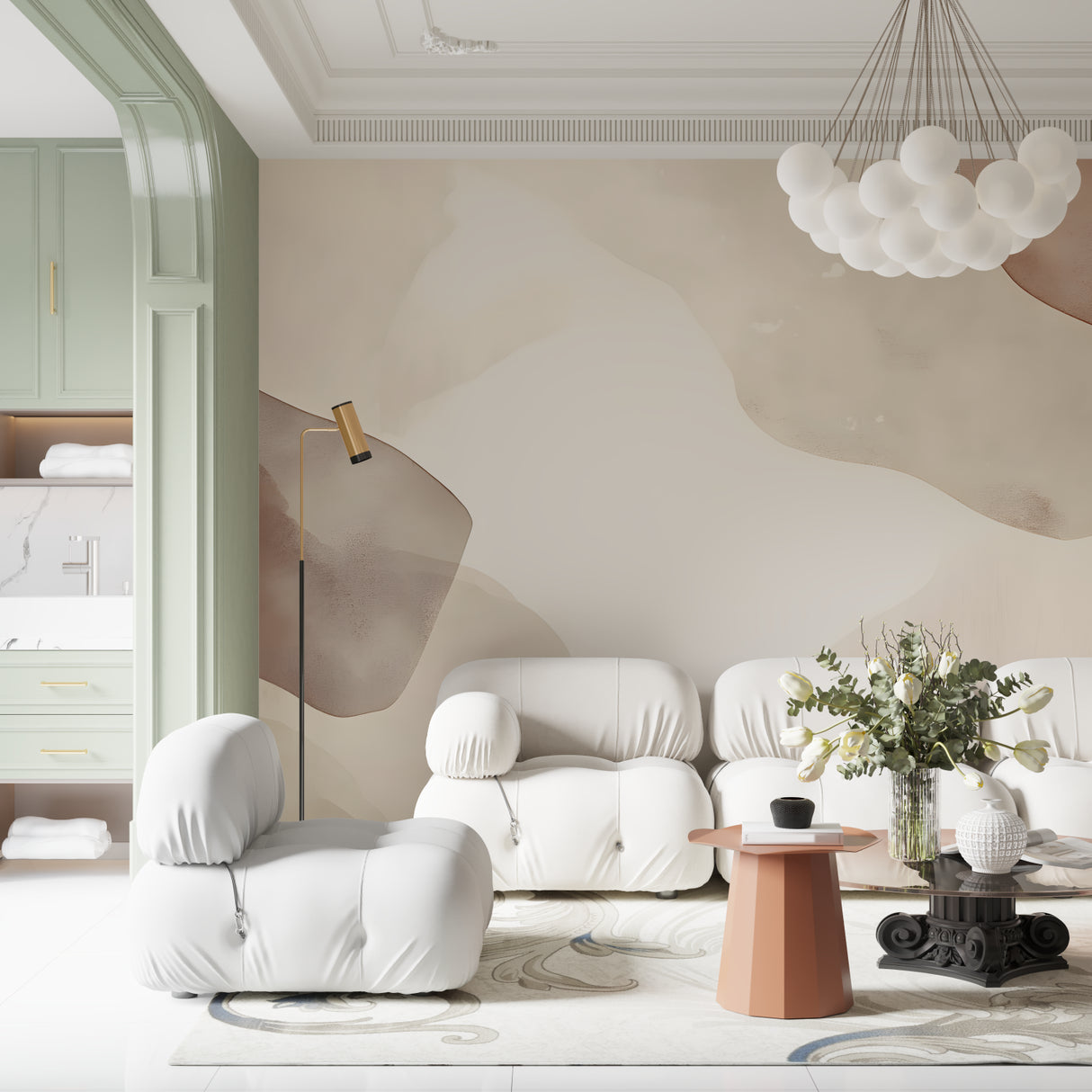 Organic line wallpaper installation in bright home office showing scale