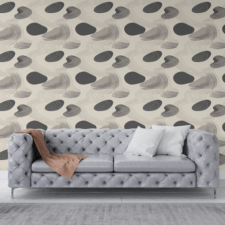 Abstract curved lines wallpaper creating a modern look in a minimalist living room with natural light