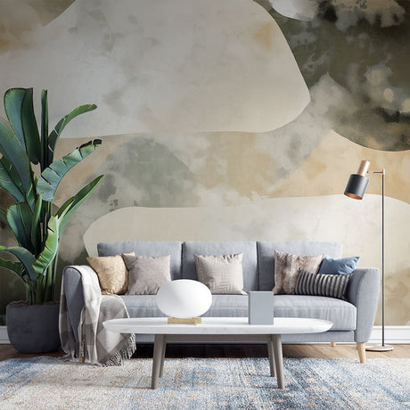 Abstract curved wallpaper in beige and grey tones creating a peaceful atmosphere in a modern living room setting