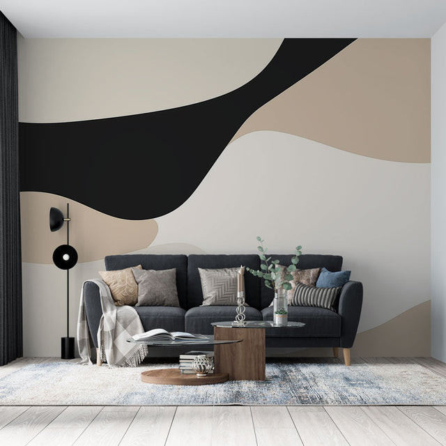 Modern Abstract Wall Mural with organic curves in black and beige transforms this minimalist living room into an art gallery