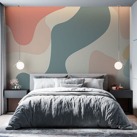 Abstract wall mural with organic curves in pastel tones creating a peaceful atmosphere in a modern living room setting