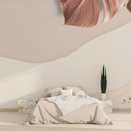 Abstract terracotta leaf wallpaper creating a warm atmosphere in a modern living room