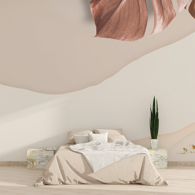 Abstract terracotta leaf wallpaper creating a warm atmosphere in a modern living room
