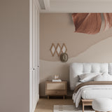 Organic curves wallpaper with terracotta tones in a minimalist bedroom setting