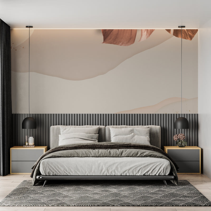 Abstract wall mural featuring flowing lines in a contemporary dining space