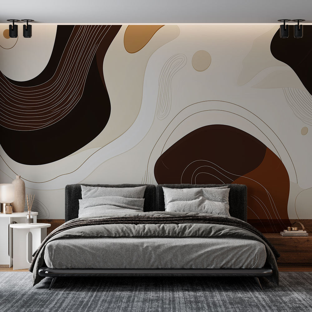 Abstract brown and beige wallpaper creating a warm, modern atmosphere in a minimalist living room with natural light