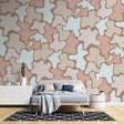 Abstract pattern wallpaper creating a calm atmosphere in a bright modern living room with minimalist furniture