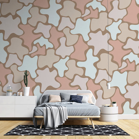 Abstract pattern wallpaper creating a calm atmosphere in a bright modern living room with minimalist furniture
