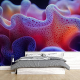 Abstract purple and red wall mural creating a bold statement in a modern living room with minimal furniture