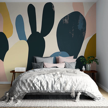 Modern abstract wallpaper with organic shapes in navy and pastels creating a calm atmosphere in a minimalist living room