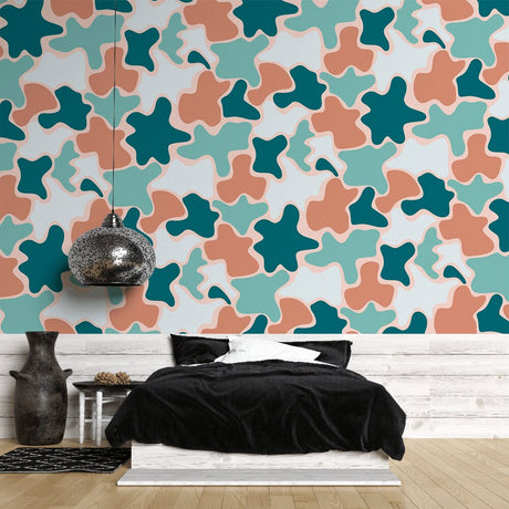 Modern abstract wallpaper with organic shapes creating a fresh look in a bright home office space