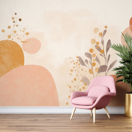 Modern abstract wall mural with organic shapes in terracotta and pink tones creating a calm atmosphere in a minimalist living room