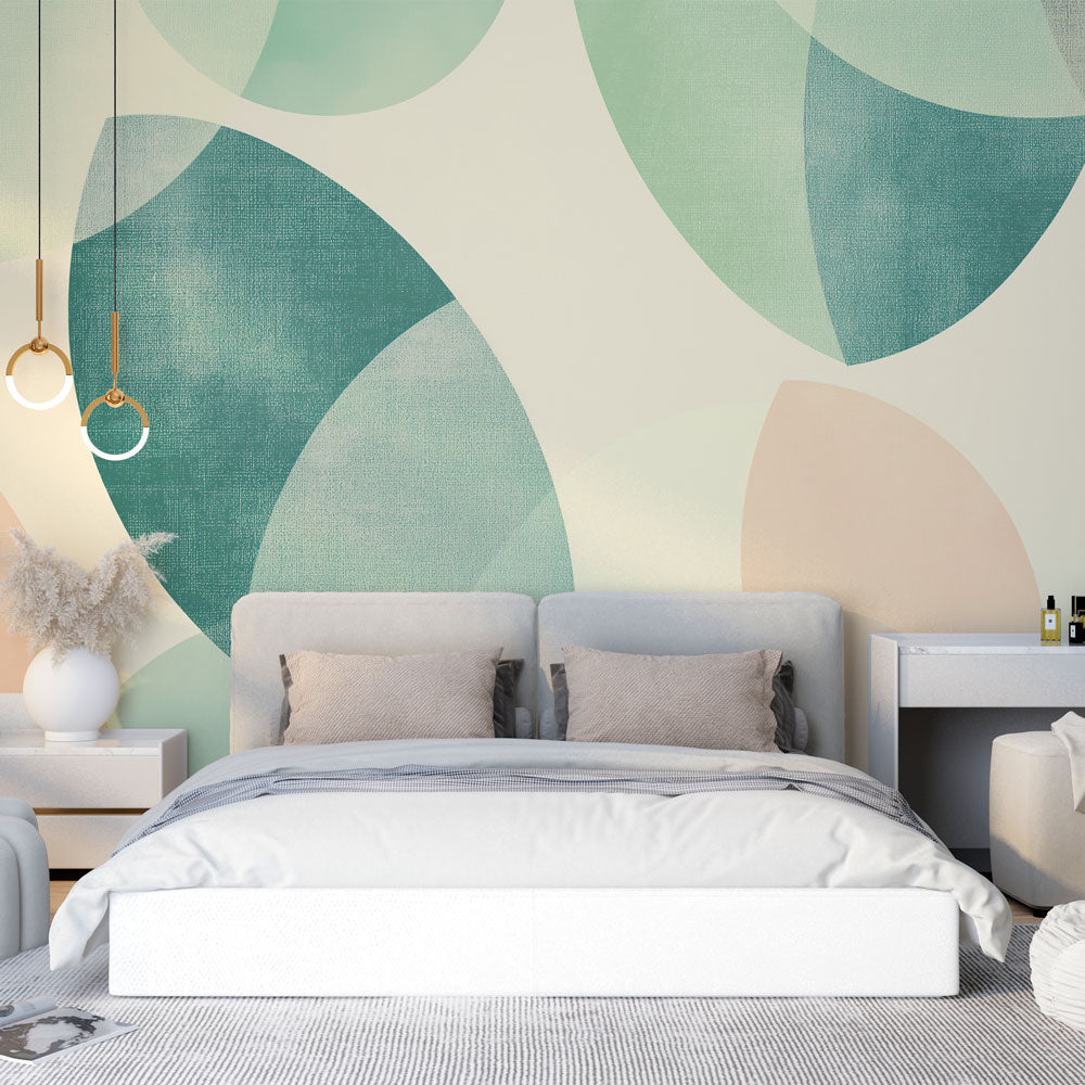 Abstract geometric wallpaper with organic shapes in pastel green creating a calm atmosphere in a modern living room